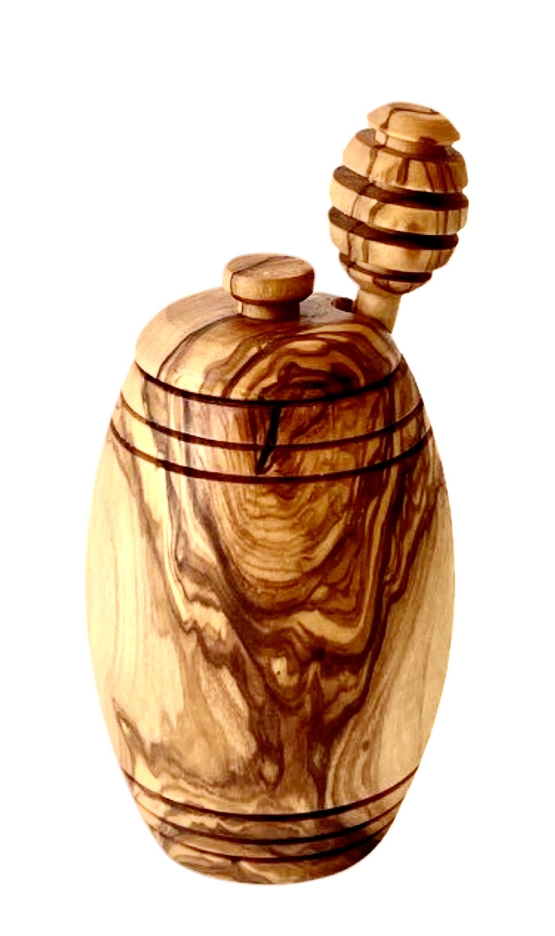 Hand-Carved Olive Wood Honey Pot with Dipper