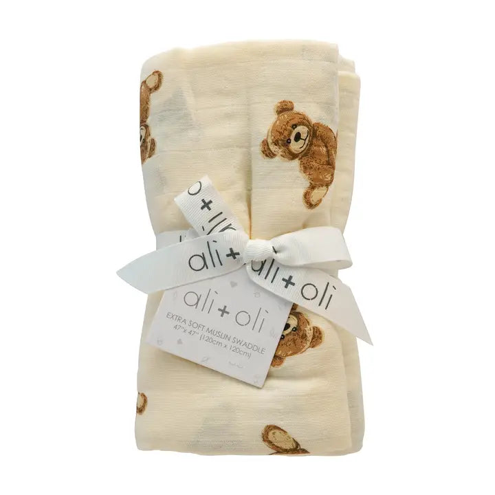 Ali+Oli Teddy Bear Muslin Swaddle Blankets, Set of 2