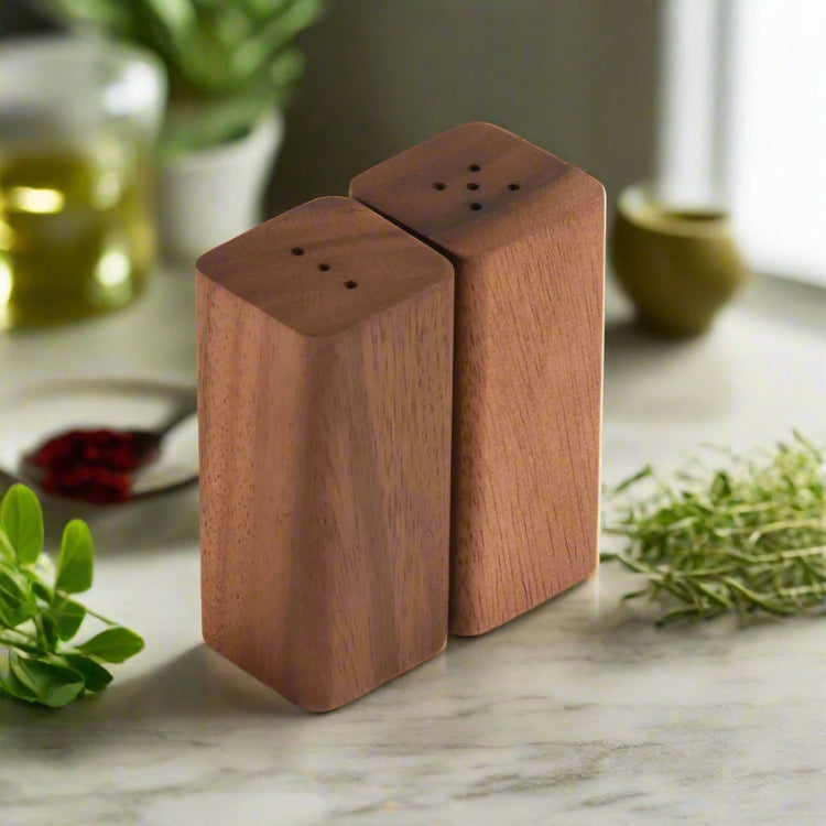 Acacia Wood Salt & Pepper Shakers with Base