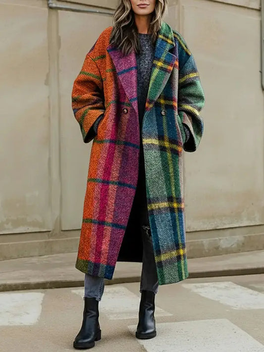 Contrast Plaid Lapel Woolen Coat