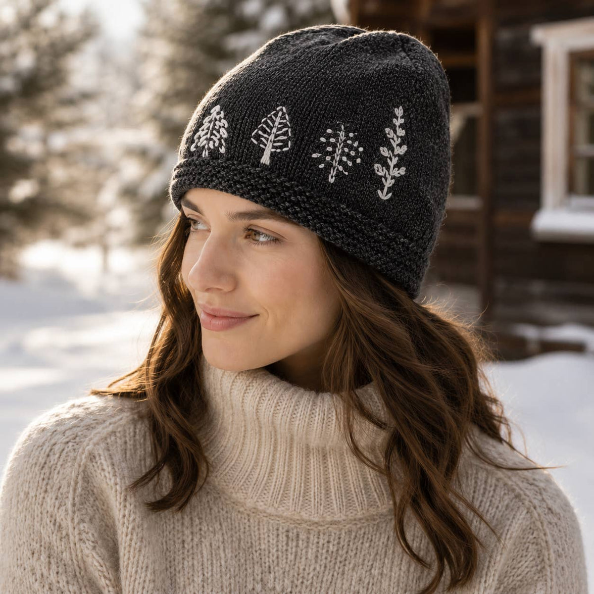 Hand Knit-Winter Trees Hand-Embroidered Wool Beanie
