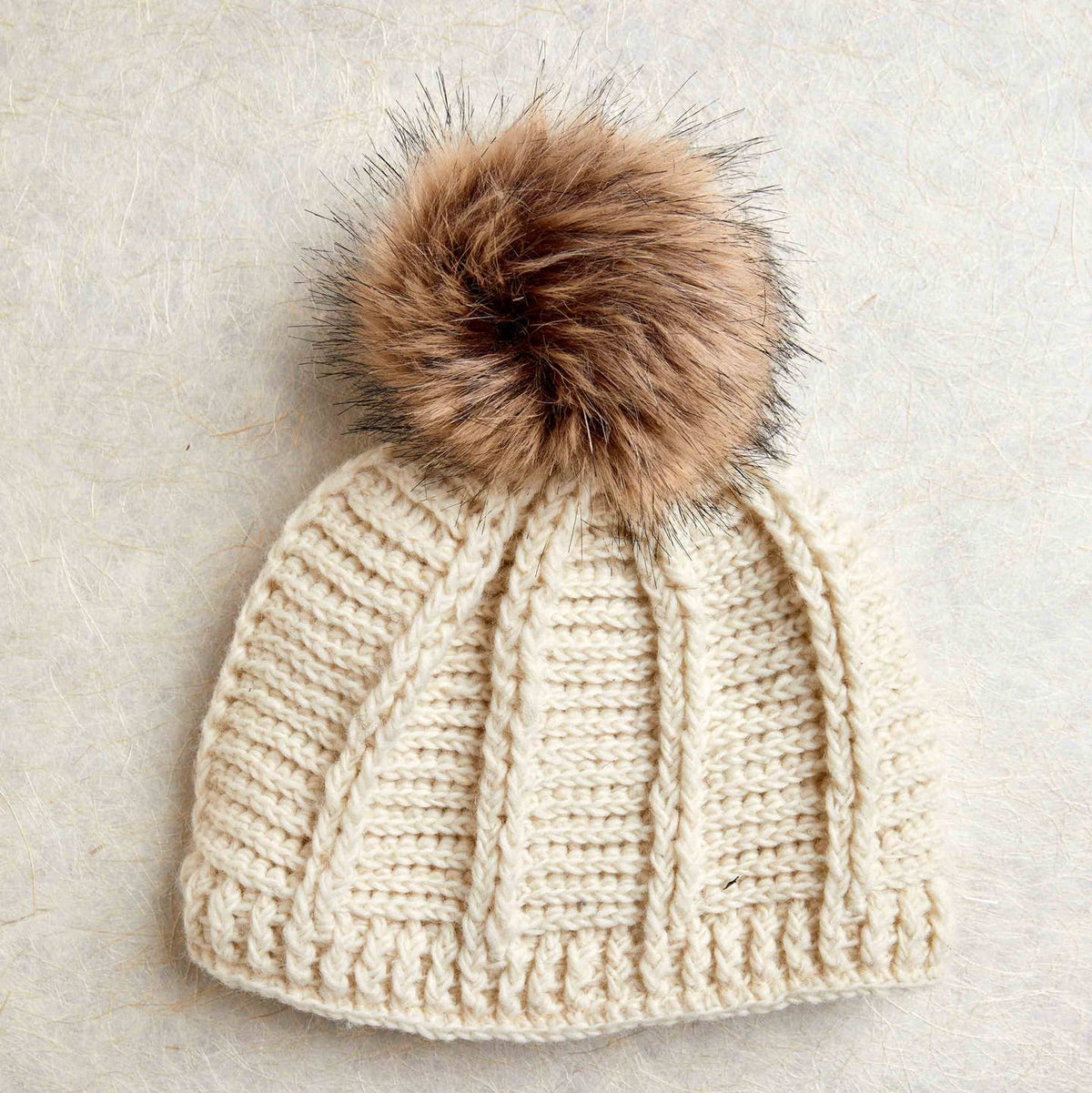 Ribbed Hand-Knit Wool Pom Beanie with Fleece Lining