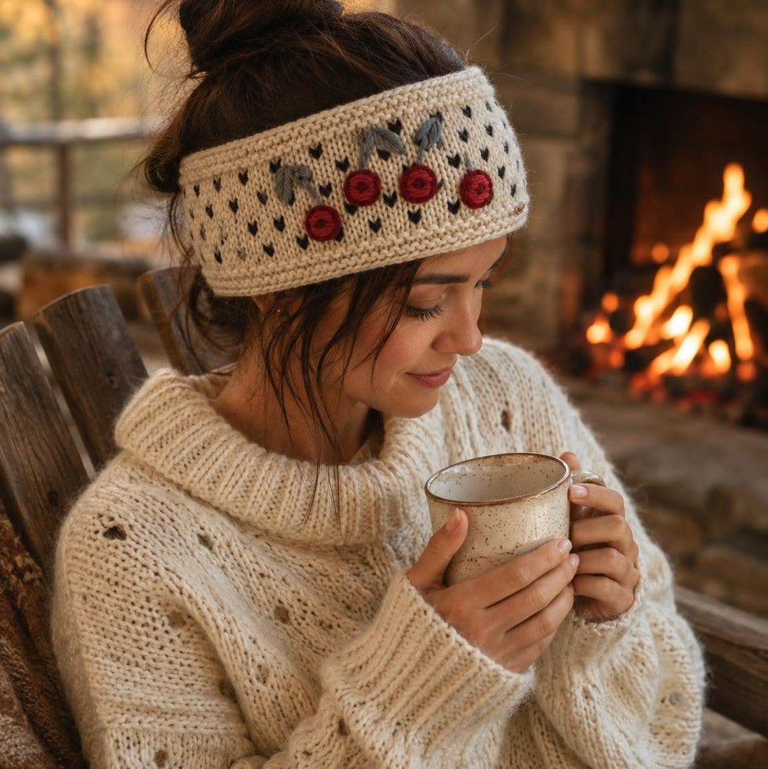 Cherry Hand-Embroidered Wool Headband with Fleece Lining