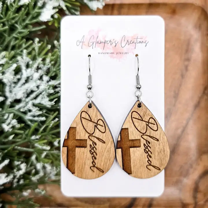 Cross Birch Wood Teardrop Earrings