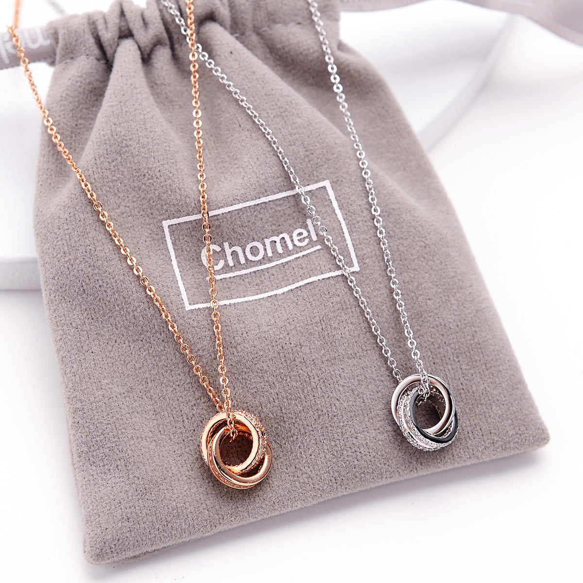 Chomel S925 Sterling Silver Micro-Diamond Double Ring Necklace