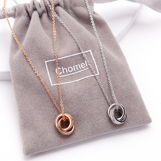 Chomel S925 Sterling Silver Micro-Diamond Double Ring Necklace
