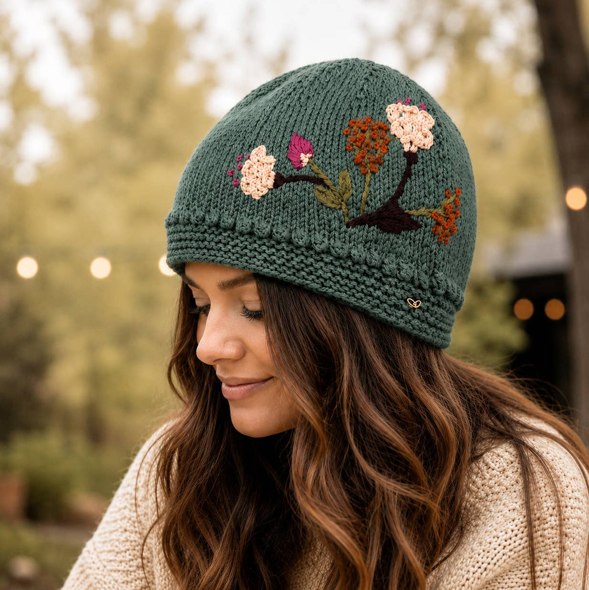 Floral Hand-Knit Wool Beanie – Blue Sage