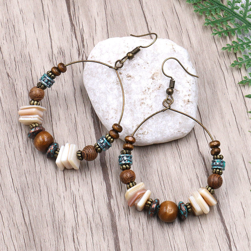 Handmade Beaded Shell Wood Hoop Earrings