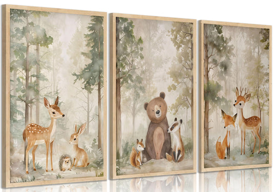 3Pcs Woodland Animal Nursery Canvas wall art Wild Animals Forest Paintings Pictures Wall Decor Fox Bear Deer Watercolor Poster Printing Artwork for Boys Room Girls Room Home Decoration Unframed