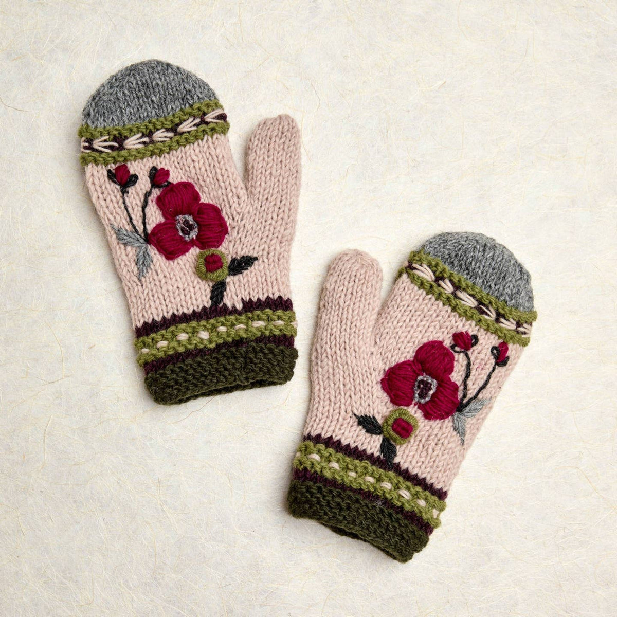 Floral Hand-Knit Wool Mittens with Fleece Lining