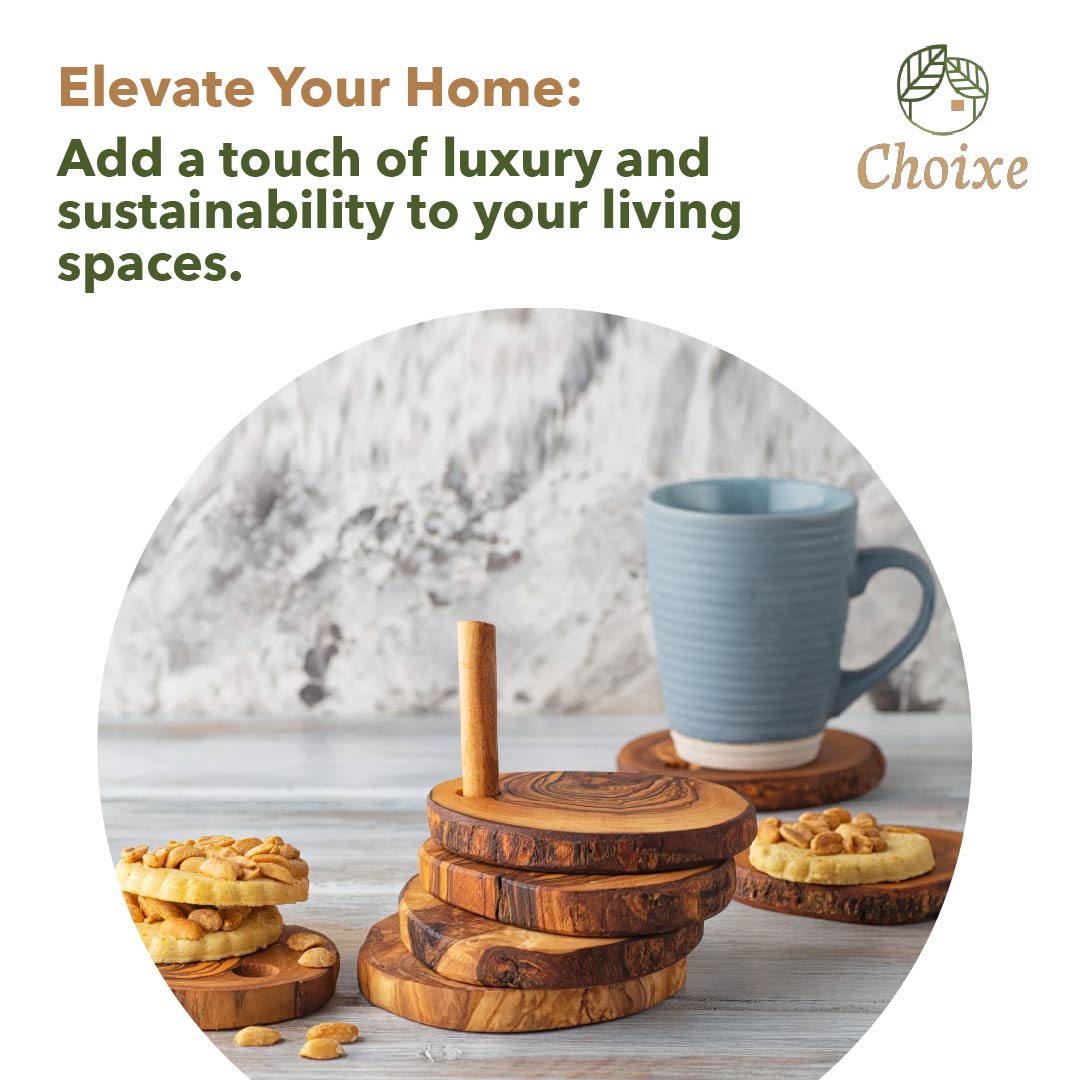 Hand-Carved Olive Wood Coaster Set with Holder, Set of 6