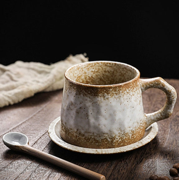 Hand-Crafted-Cozy Vintage Stoneware Coffee Cup & Saucer Set – Handcrafted Cottagecore