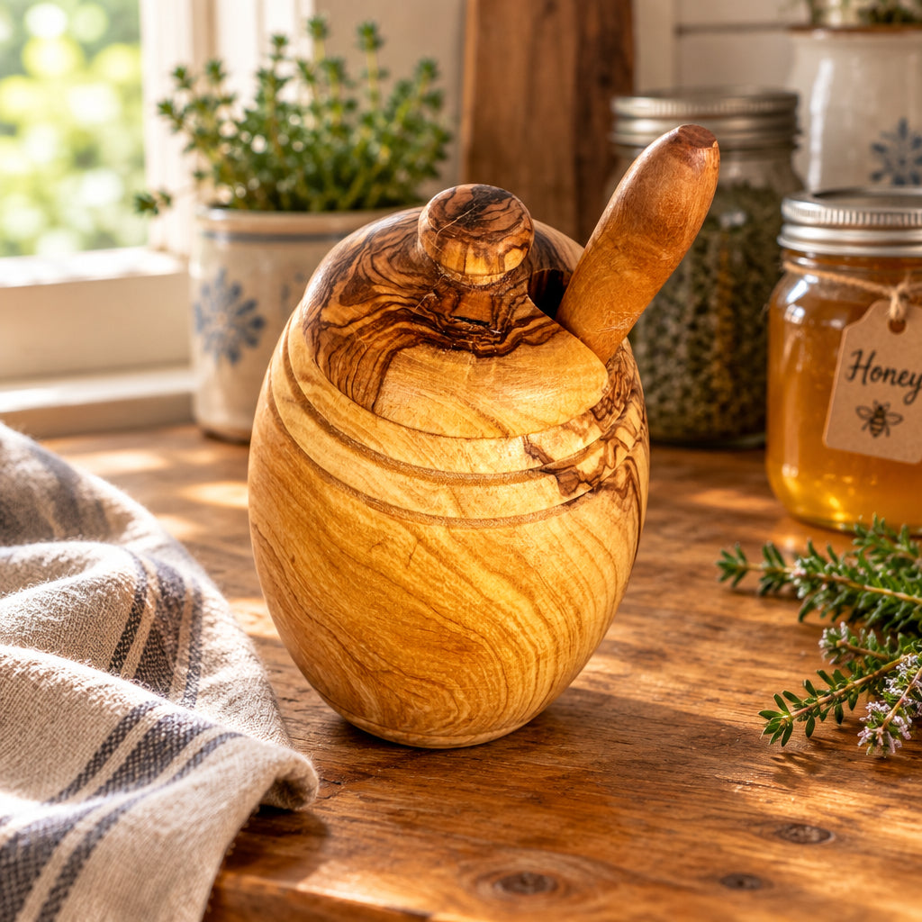 Hand-Carved Olive Wood Honey Pot with Dipper