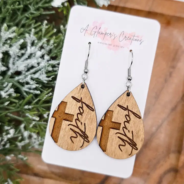 Cross Birch Wood Teardrop Earrings