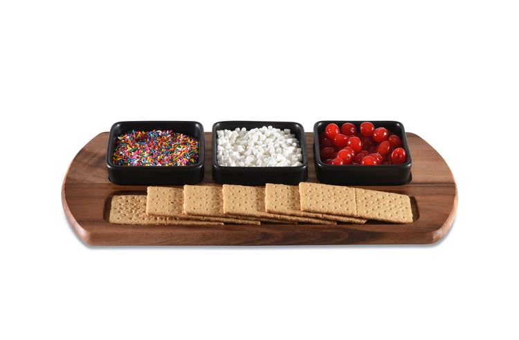 Acacia Serving Board with 3 Black Ceramic Bowls