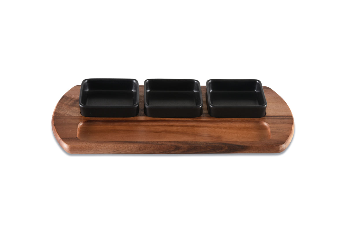 Acacia Serving Board with 3 Black Ceramic Bowls