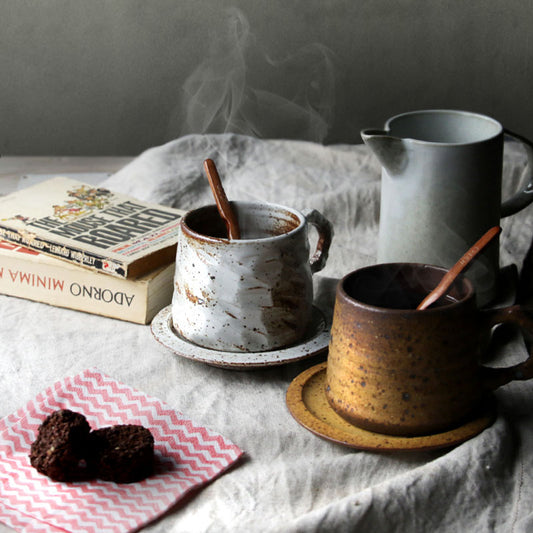 Hand-Crafted-Cozy Vintage Stoneware Coffee Cup & Saucer Set – Handcrafted Cottagecore