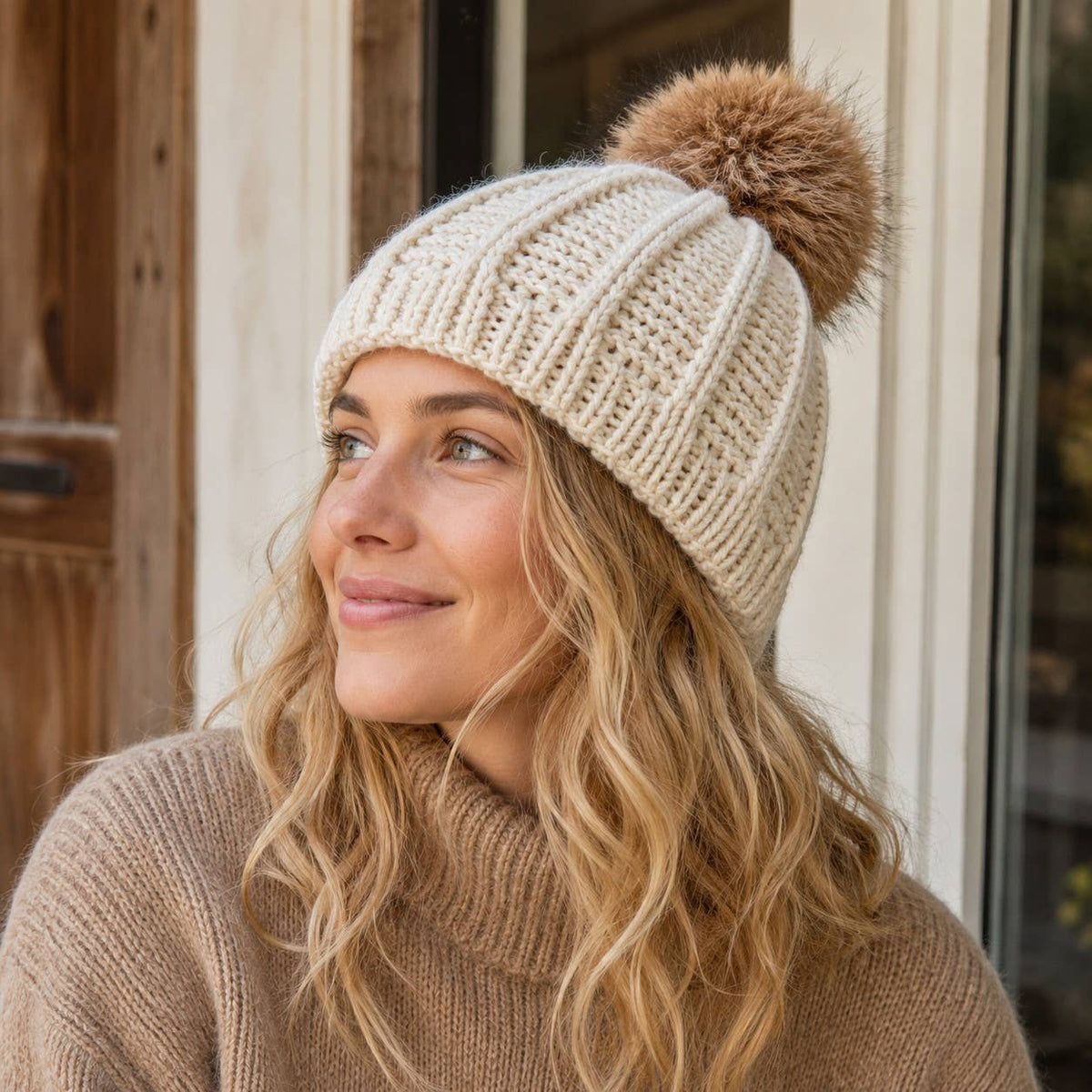 Ribbed Hand-Knit Wool Pom Beanie with Fleece Lining