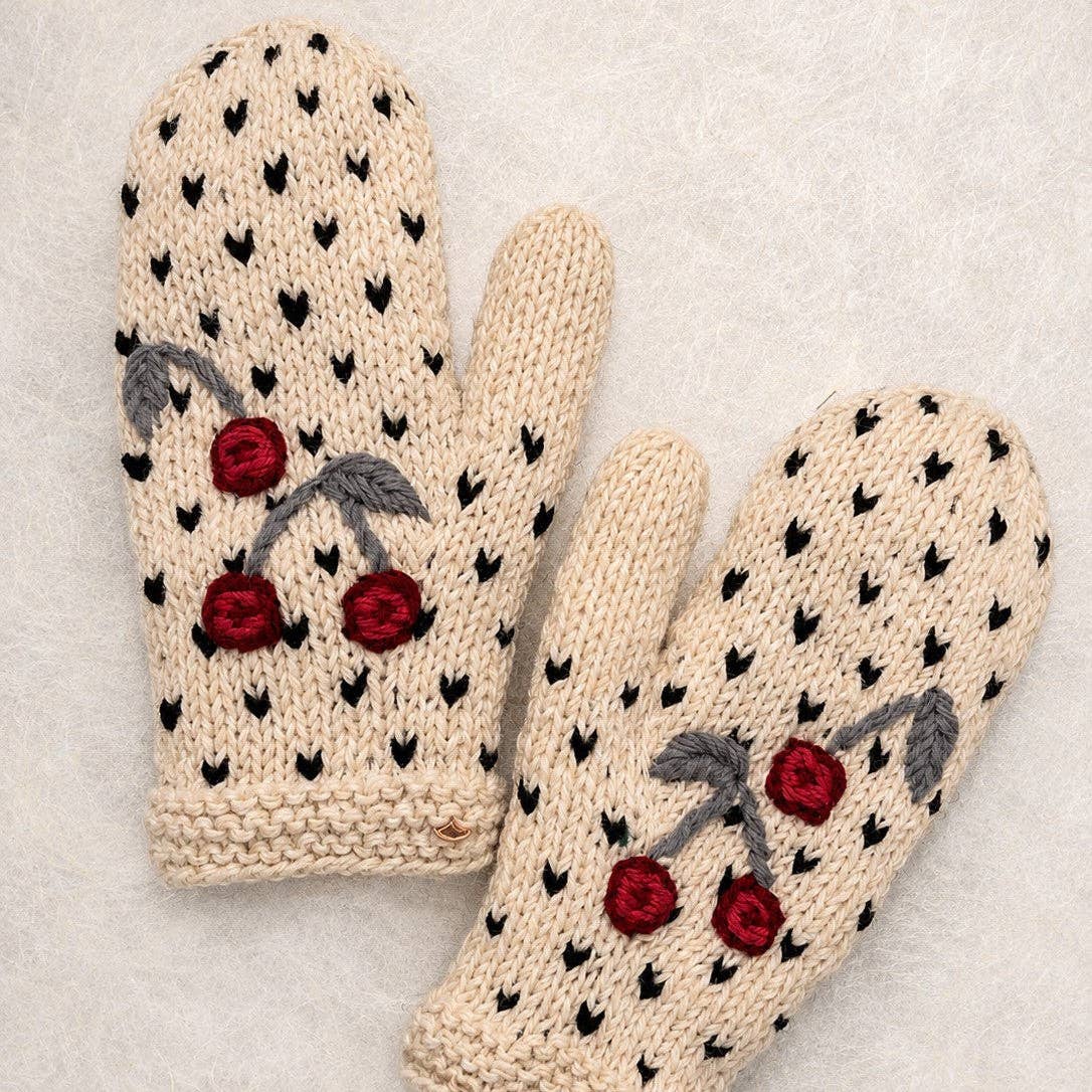 Cherry Hand-Embroidered Wool Mittens with Fleece Lining