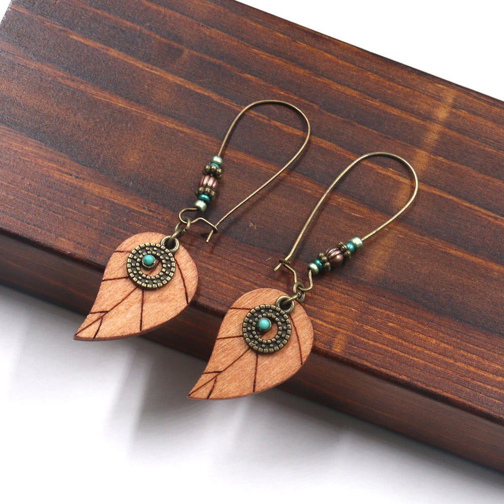 Brown Wooden Leaf Hook Earrings