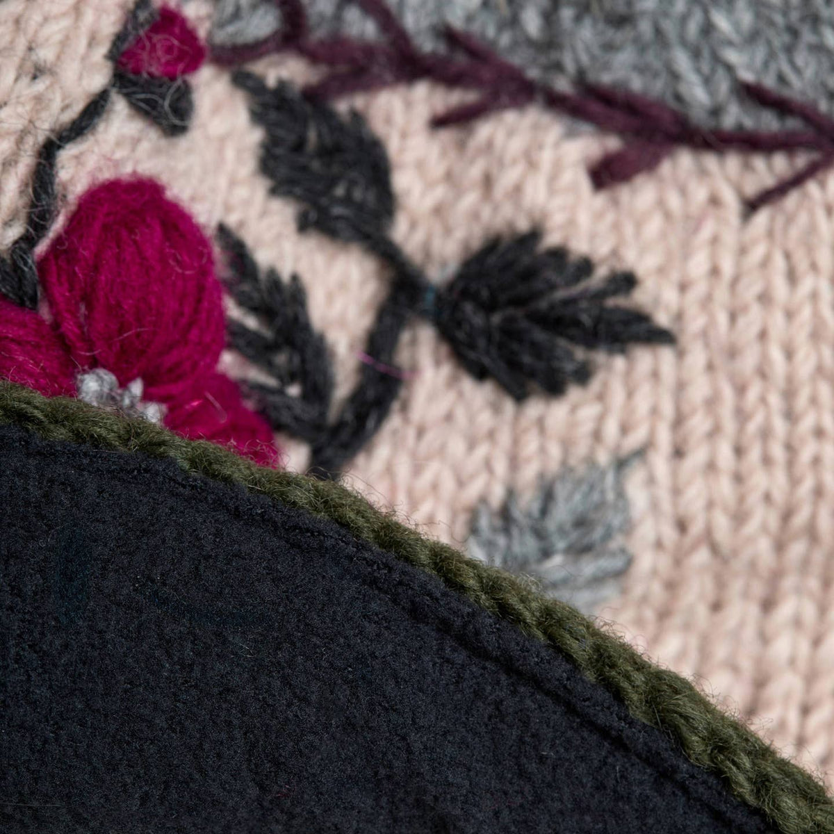 Floral Hand-Knit Wool Mittens with Fleece Lining