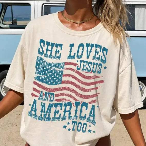 She Loves Jesus and America Too Graphic T-Shirt