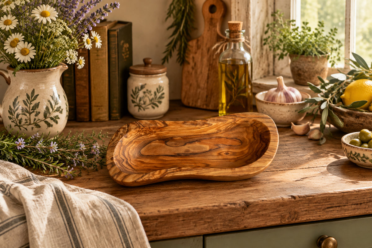 Hand-Carved Olive Wood Wavy Serving Bowl