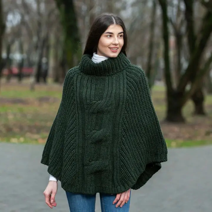 Aran Cable Knit Cowlneck Merino Poncho