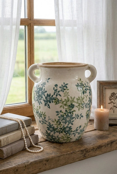 Floral Twin-Handle Ceramic Vase