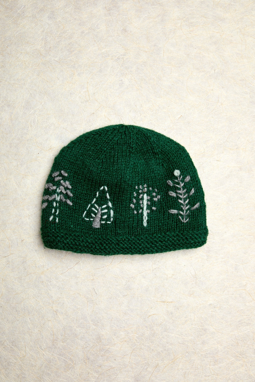 Hand Knit-Winter Trees Hand-Embroidered Wool Beanie