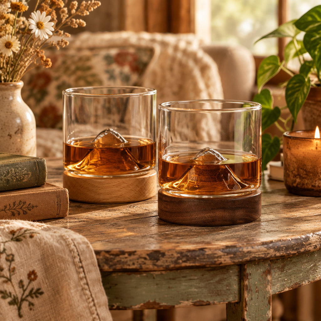 Mountain Drinking Glasses with Wooden Coasters, Set of 2