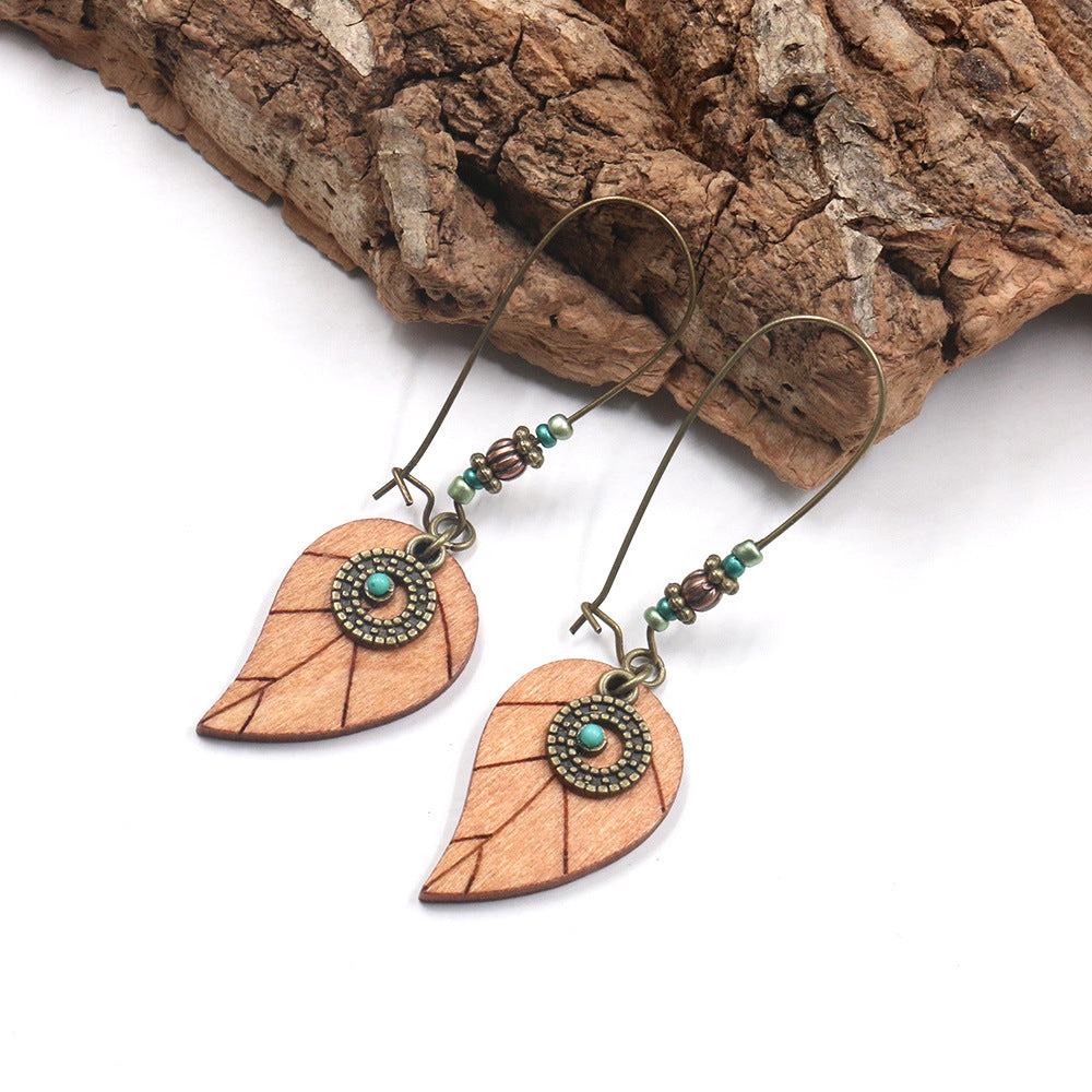 Brown Wooden Leaf Hook Earrings