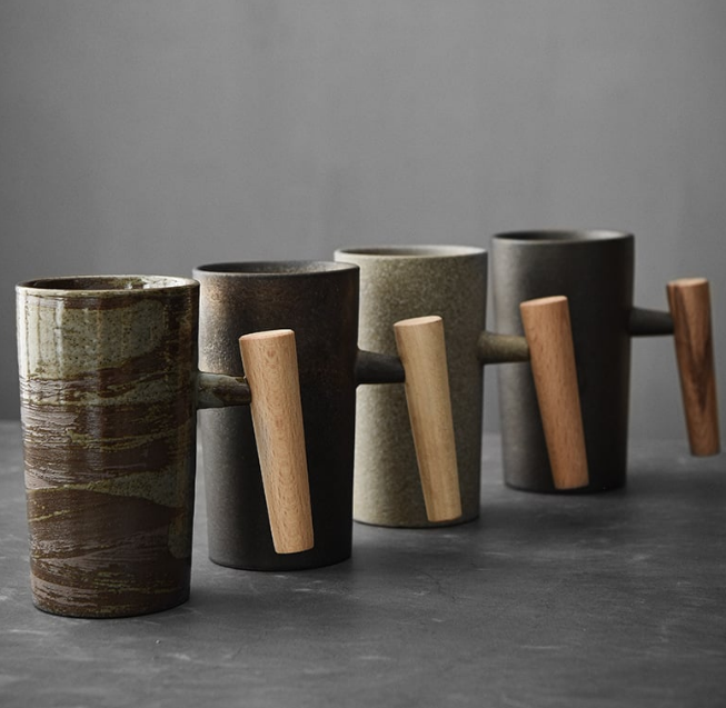 Ceramic Mugs with Wooden Handles | Set of 4