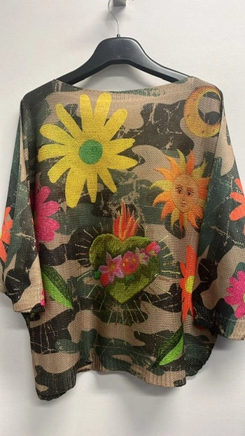 Camo Floral Knit Sweater — Round Neck | One Size | Made in Italy