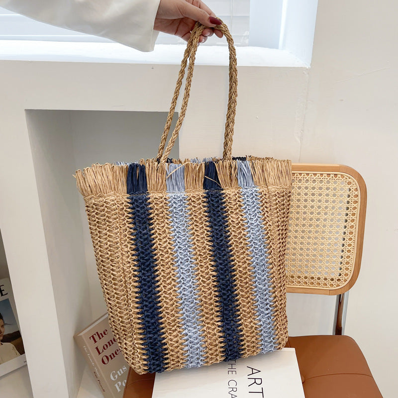 Woven Straw Stripe Tote Bag