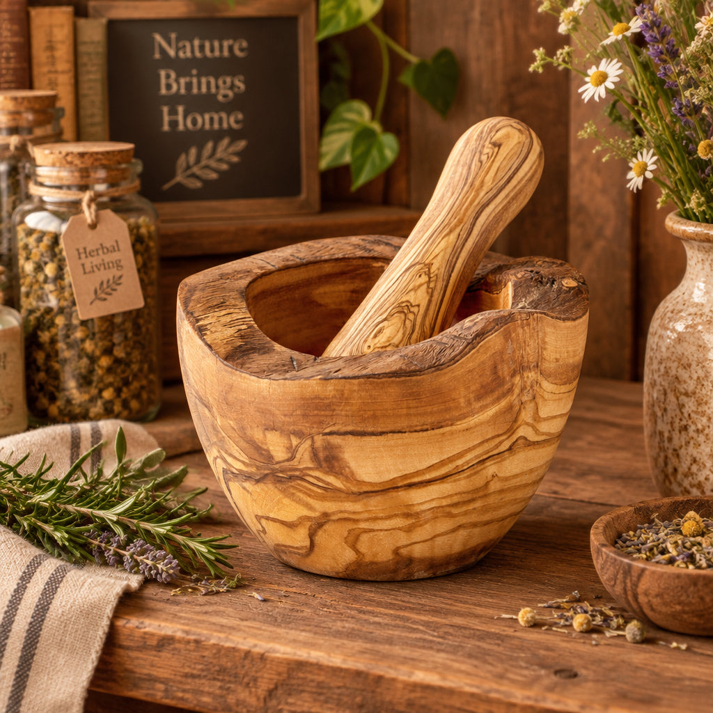 Hand-Carved Olive Wood Mortar and Pestle