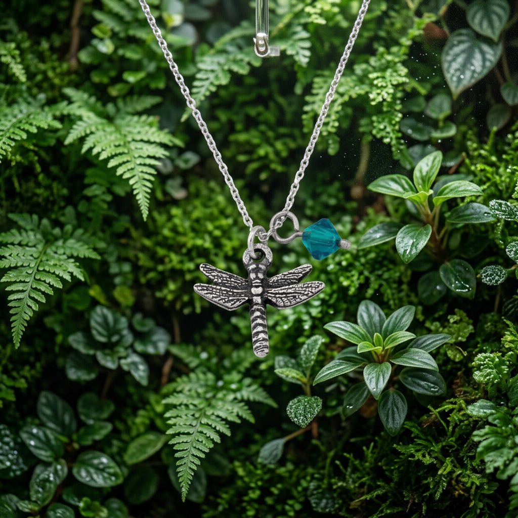 Danforth Pewter Mini Dragonfly Necklace with Aqua Crystal