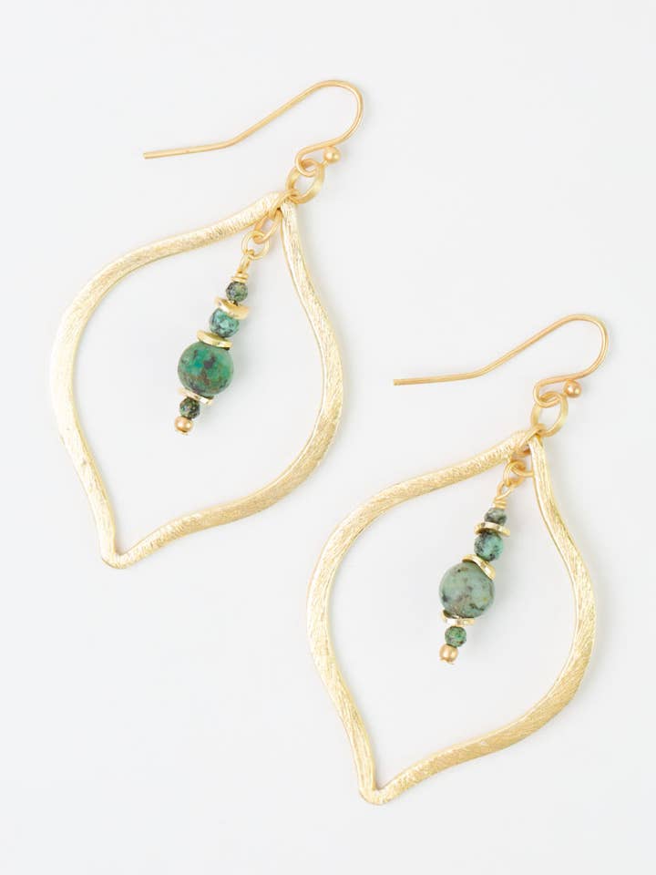 Hammered Gold Leaf Drop Earrings with Turquoise Stone