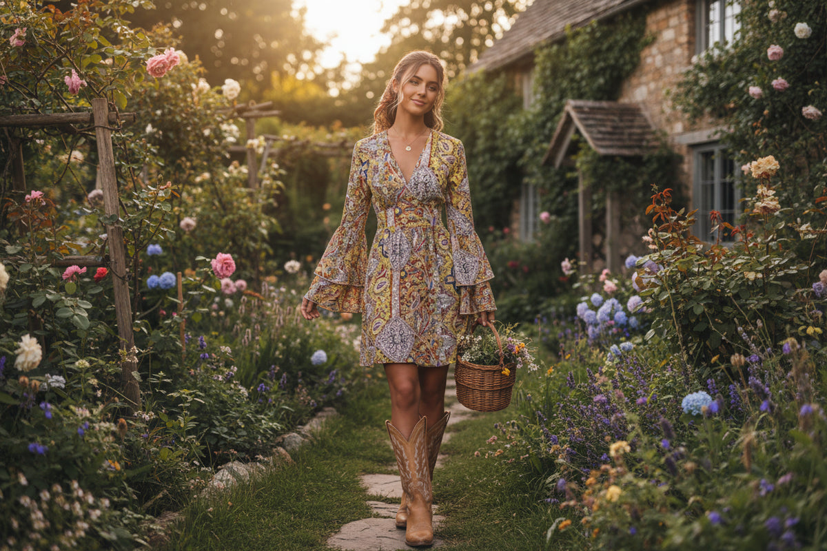 Bohemian Paisley Bell-Sleeve Midi Dress