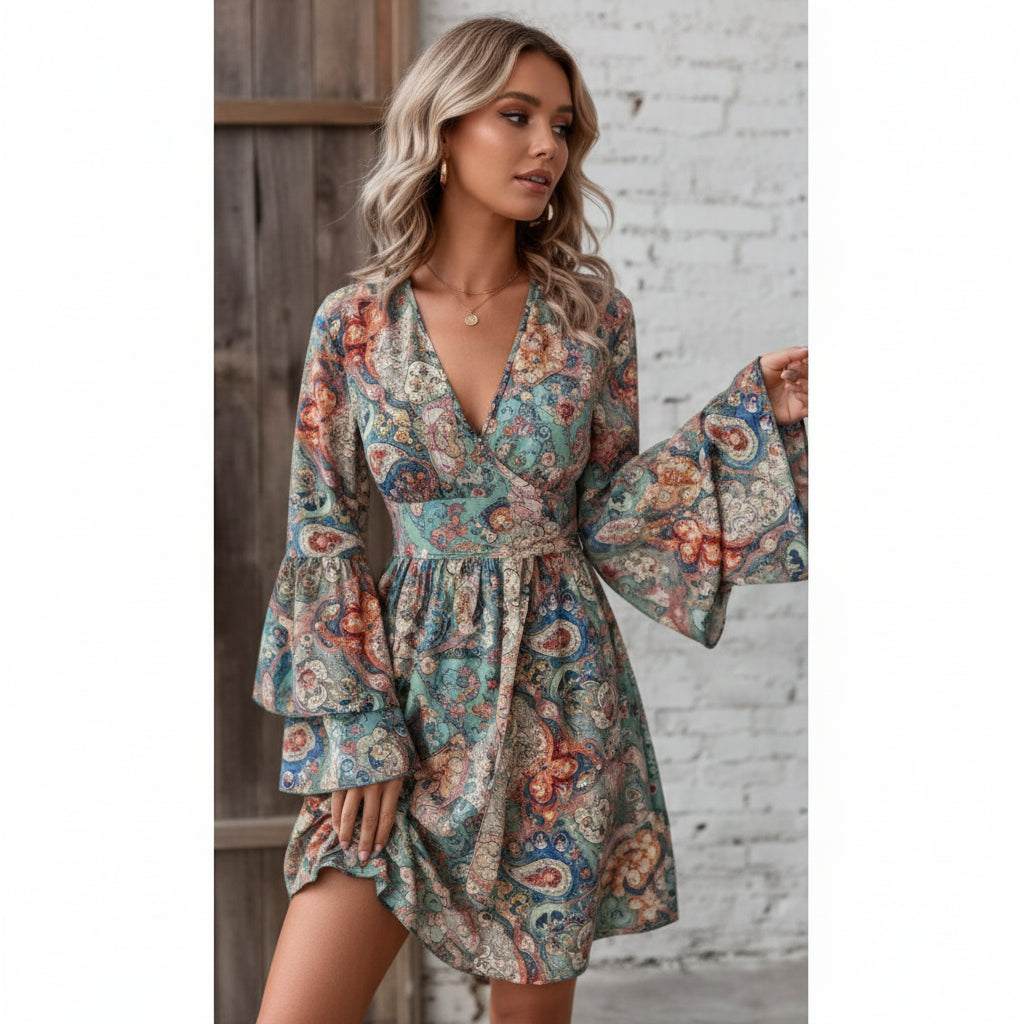 Bohemian Paisley Bell-Sleeve Midi Dress