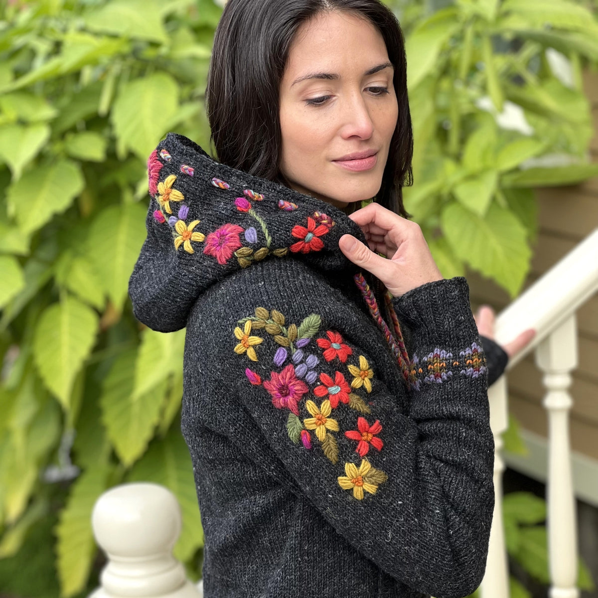Wildflower Embroidered Wool Zip Hoodie Sweater
