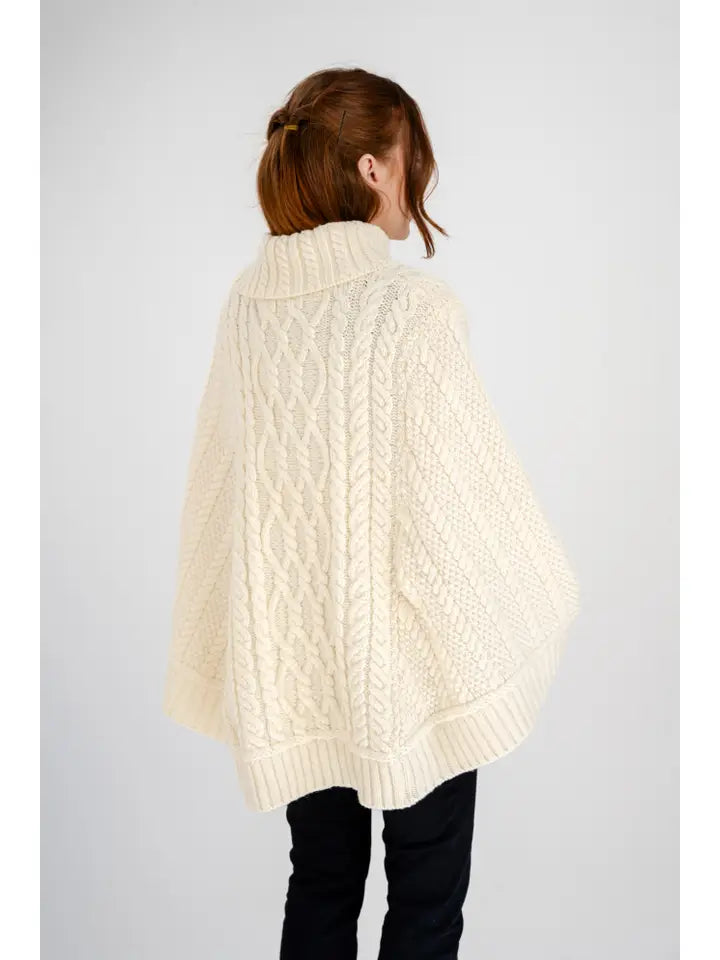 Merino Wool Aran Cowl Neck Zip Poncho
