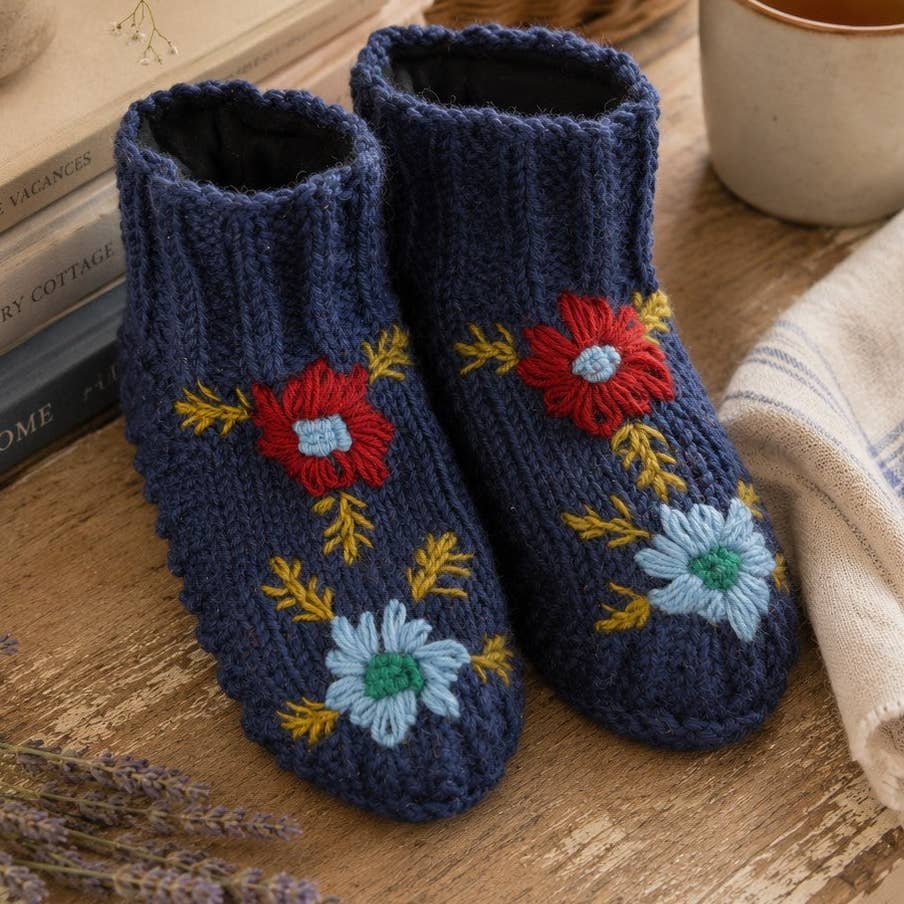 Hand-Knit-Navy Floral Hand-Knit Wool Slippers