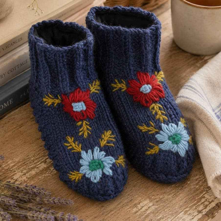 Hand-Knit-Navy Floral Hand-Knit Wool Slippers