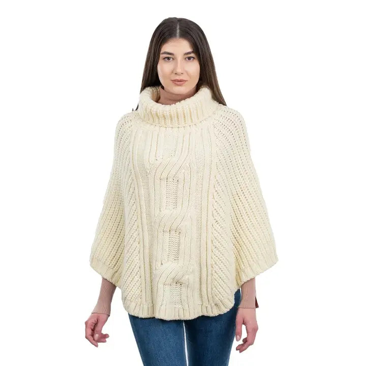 Aran Cable Knit Cowlneck Merino Poncho