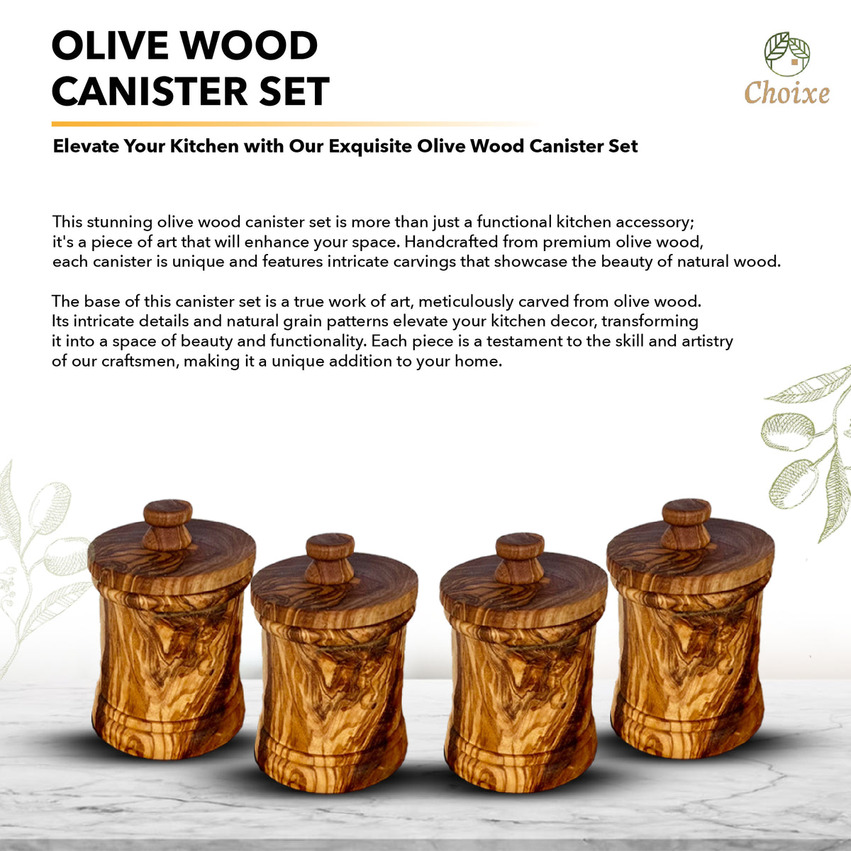 Handcrafted Olive Wood Canister Set with Carved Base