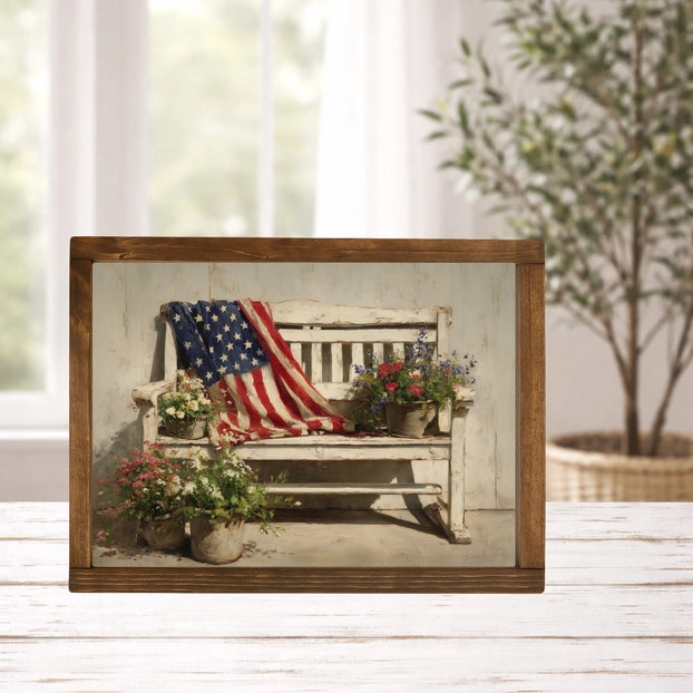 Handmade American Flag Bench Framed Print