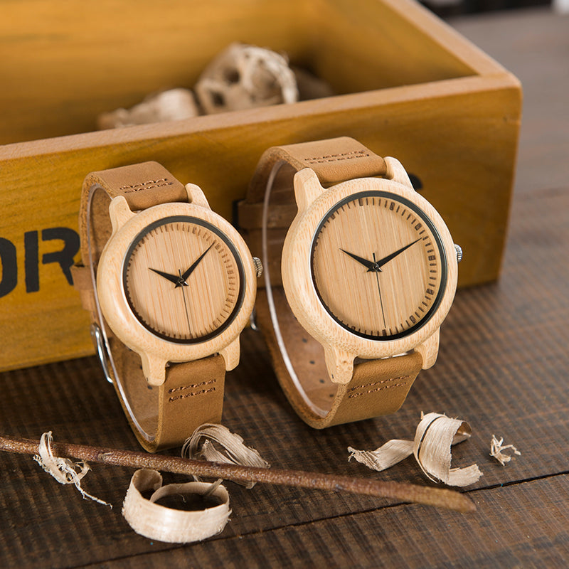 BOBO BIRD Genuine Leather Bamboo Wood Couple Watch