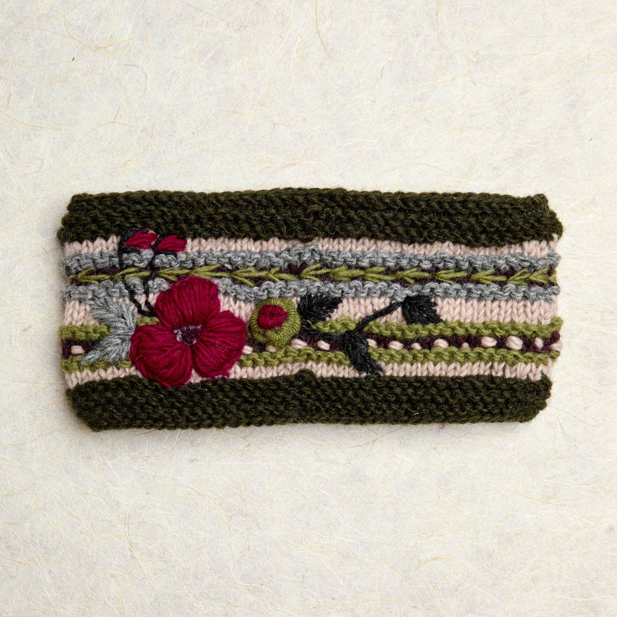 Floral Hand-Knit Wool Headband with Fleece Lining