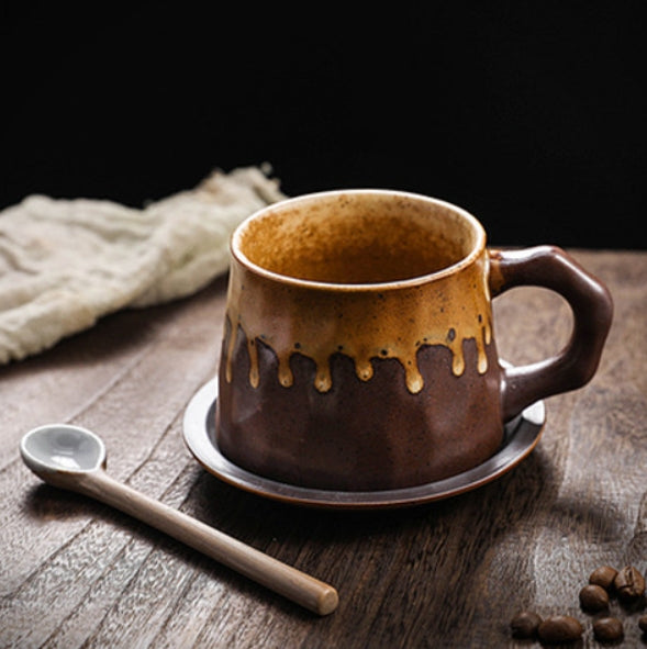 Hand-Crafted-Cozy Vintage Stoneware Coffee Cup & Saucer Set – Handcrafted Cottagecore